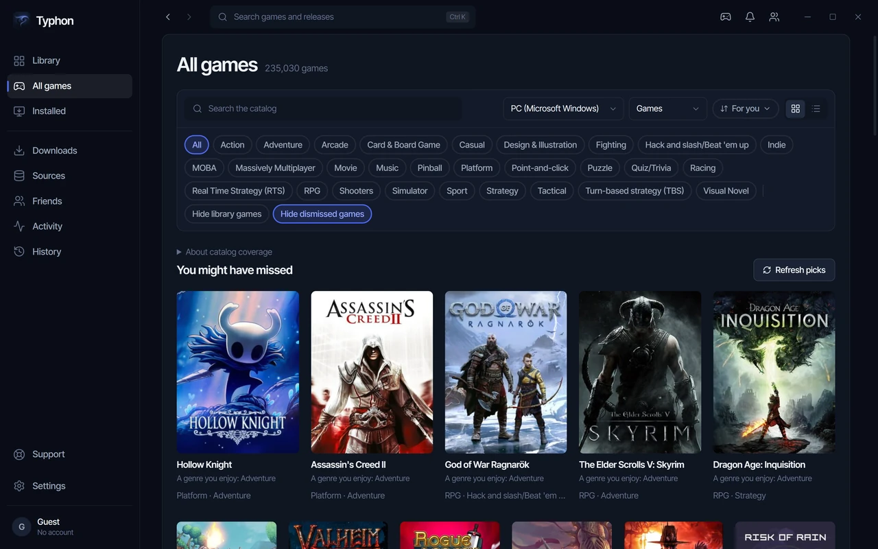 The All games section in Typhon: platform and genre filters and a “You might have missed” row of covers