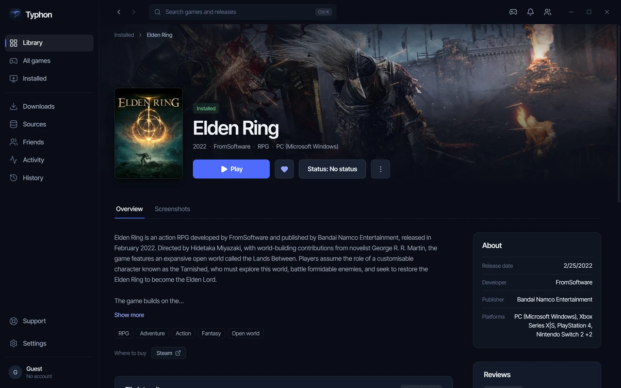 A game page in Typhon: cover and backdrop, a Play button, description, tags and game details