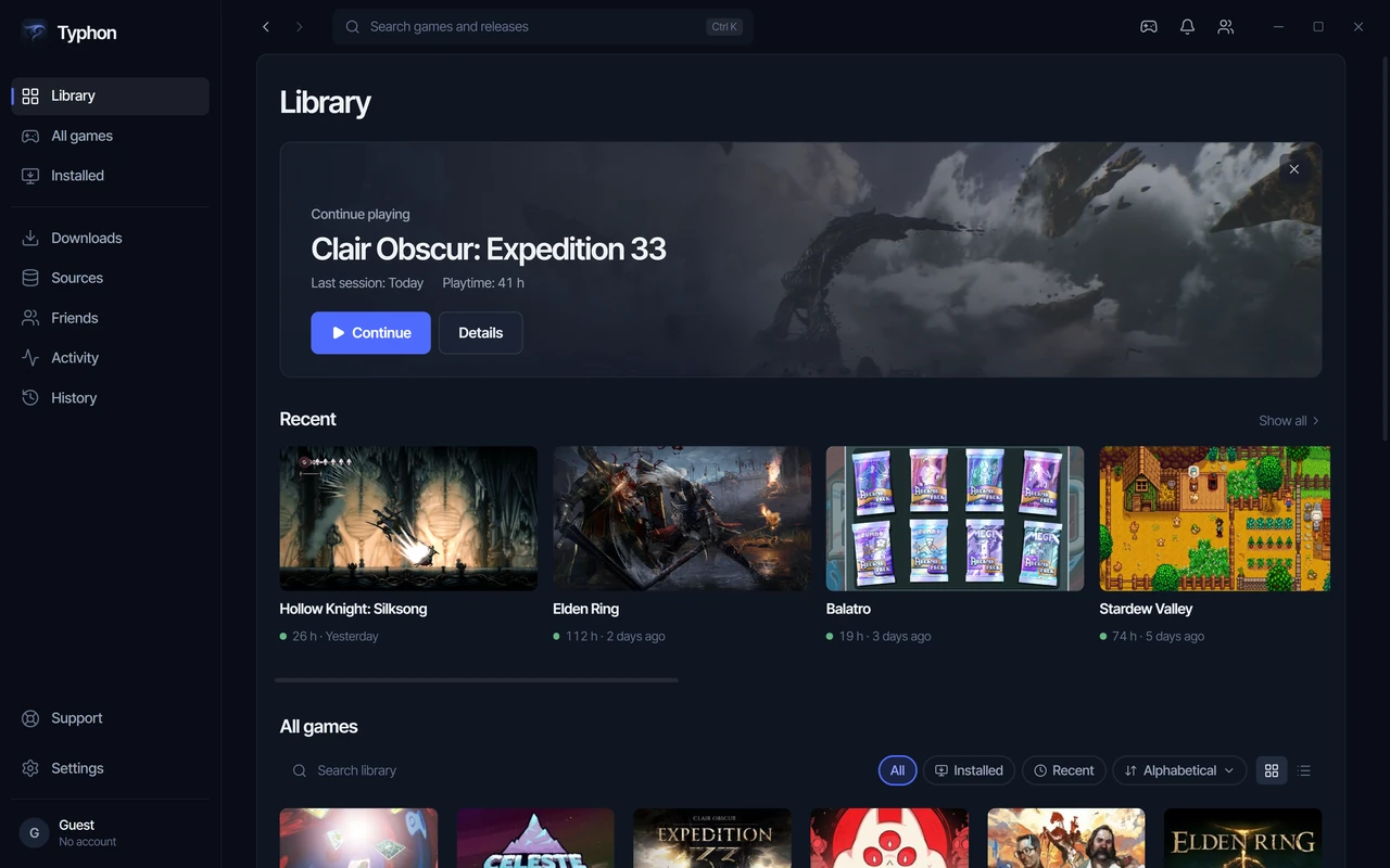 The Typhon window: a game library with covers, a Continue playing card and recent sessions